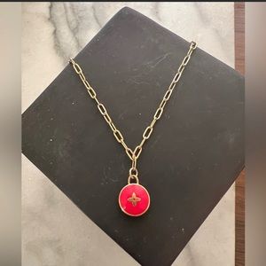 Gold Chain Necklace with Red Enamel Pendant